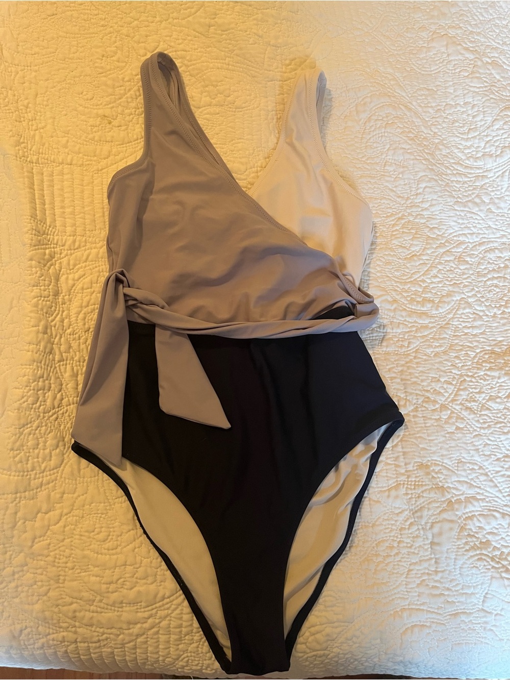 Women’s One-Piece Swimsuit in lavender, purple and White - Stylish Tie Waist